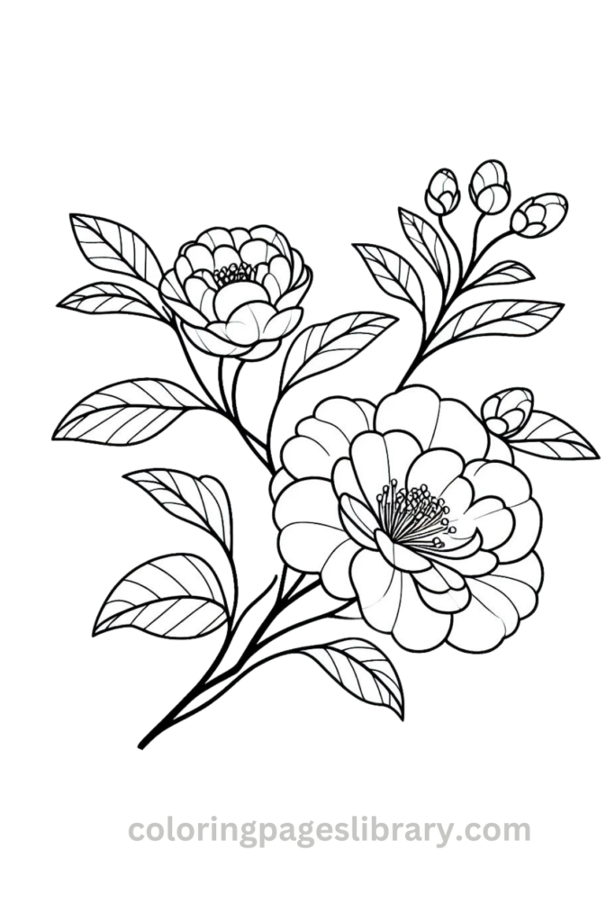 Easy Camellia bouquet coloring page