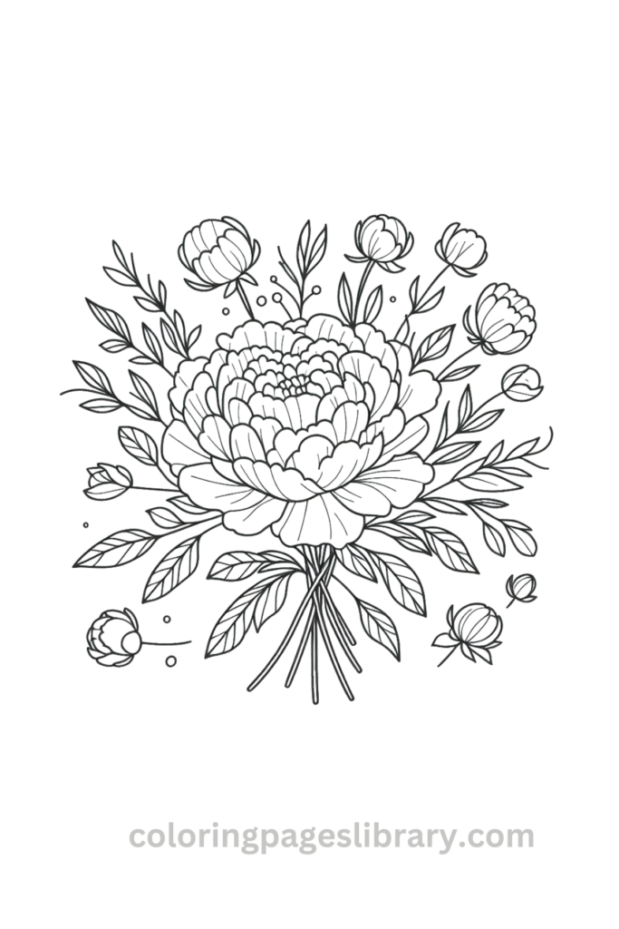 Easy Peony bouquet coloring page