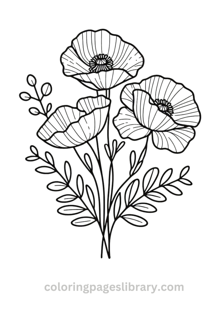 Easy Poppy bouquet coloring page