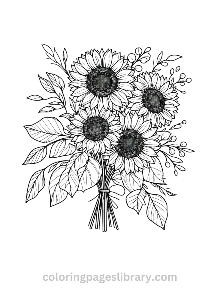 Easy Sunflower bouquet coloring page