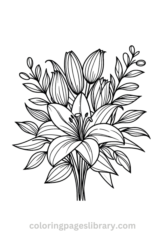 Free Lily bouquet coloring page for kids