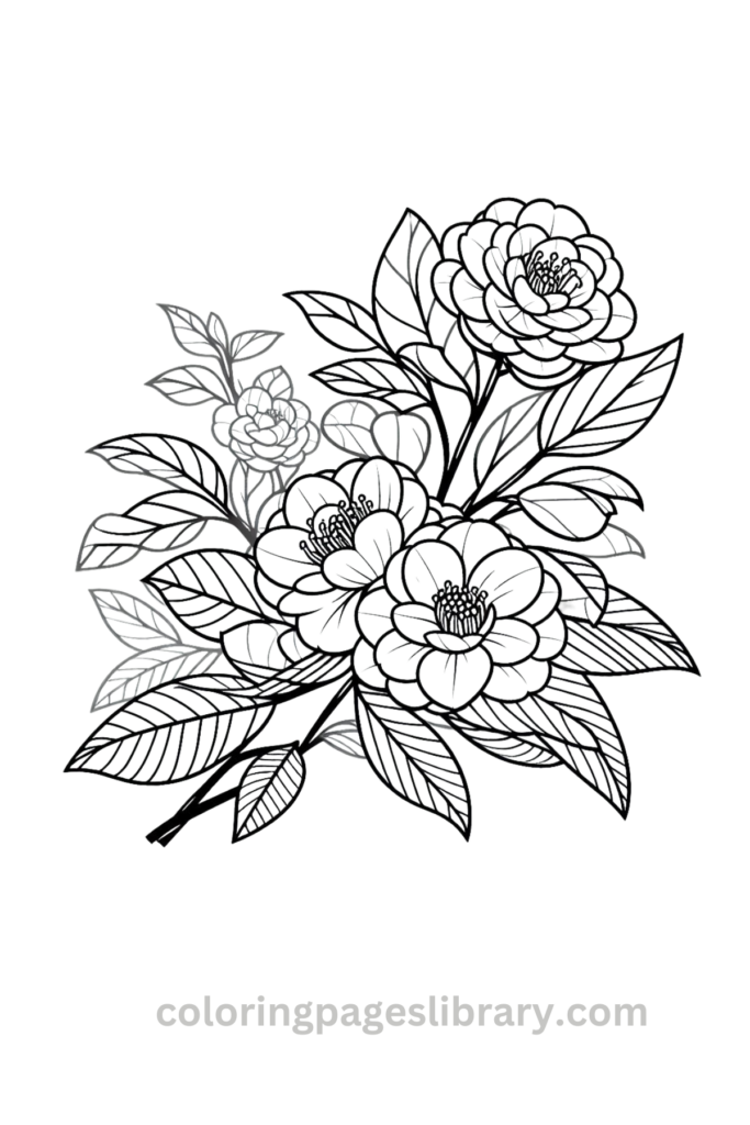 Free and easy Camellia bouquet coloring page