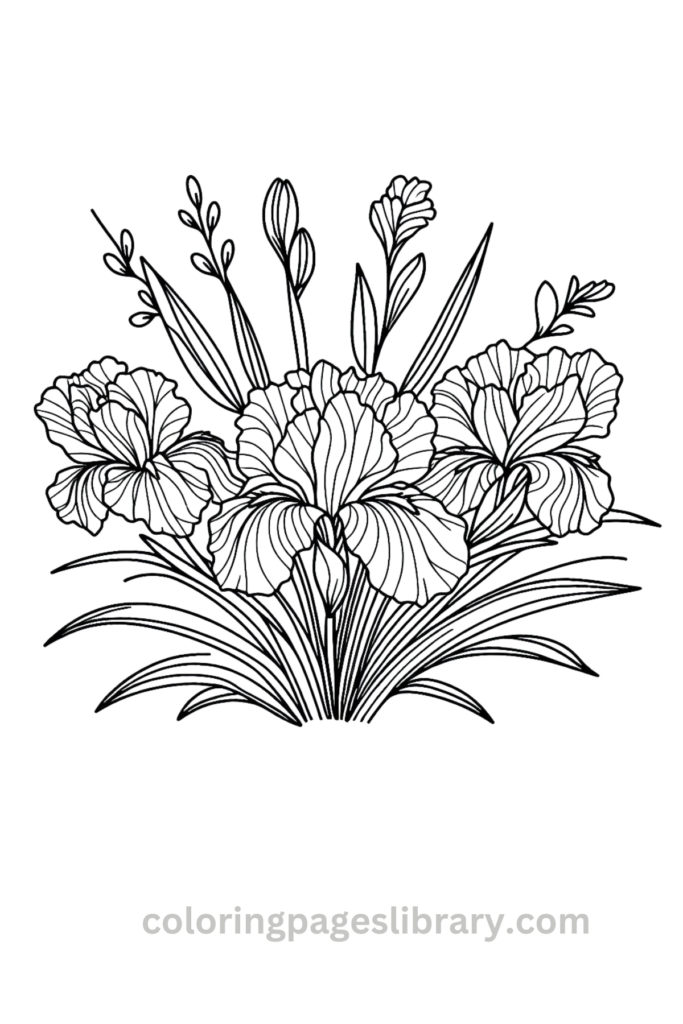Free and easy Iris bouquet coloring page