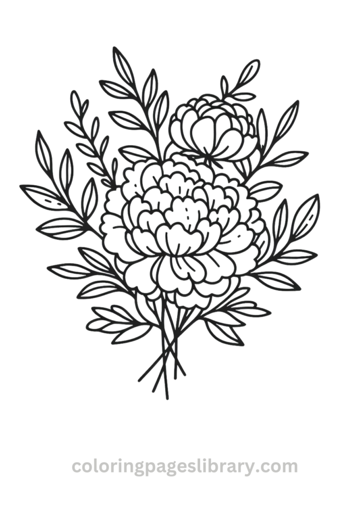 Free and easy Peony bouquet coloring page