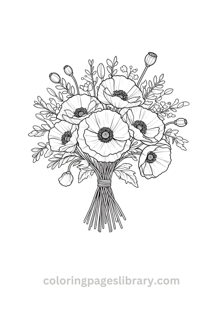 Free and easy Poppy bouquet coloring page