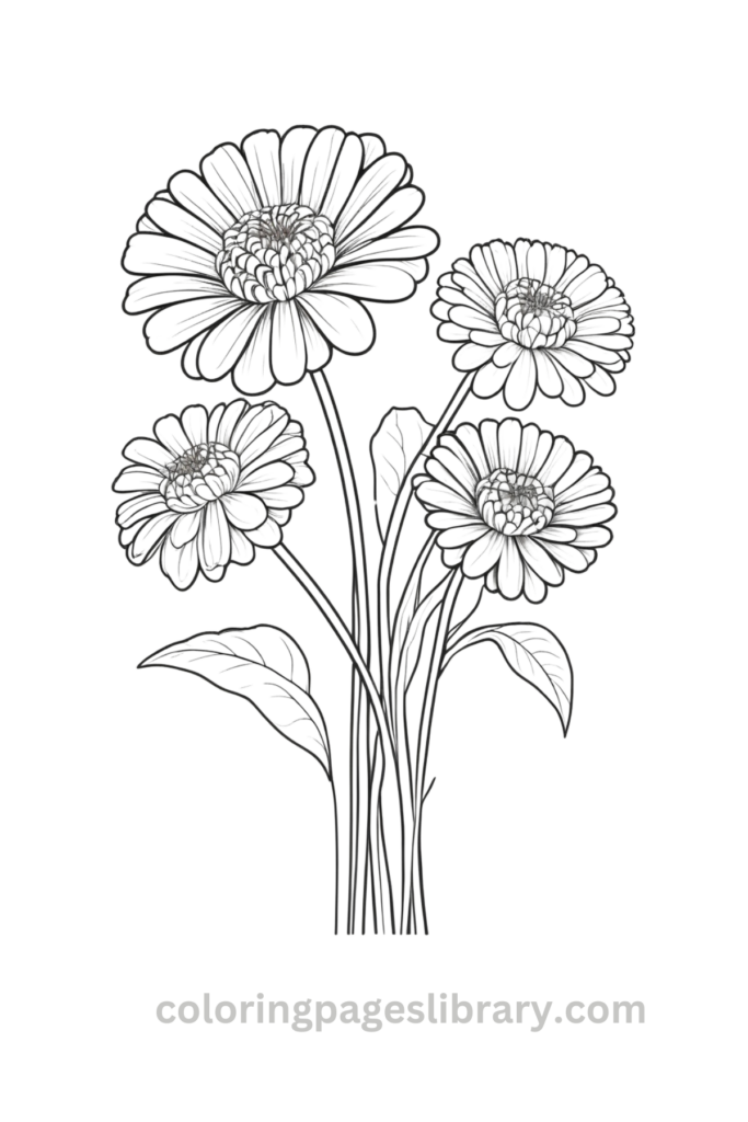 Free and easy Zinnia bouquet coloring page