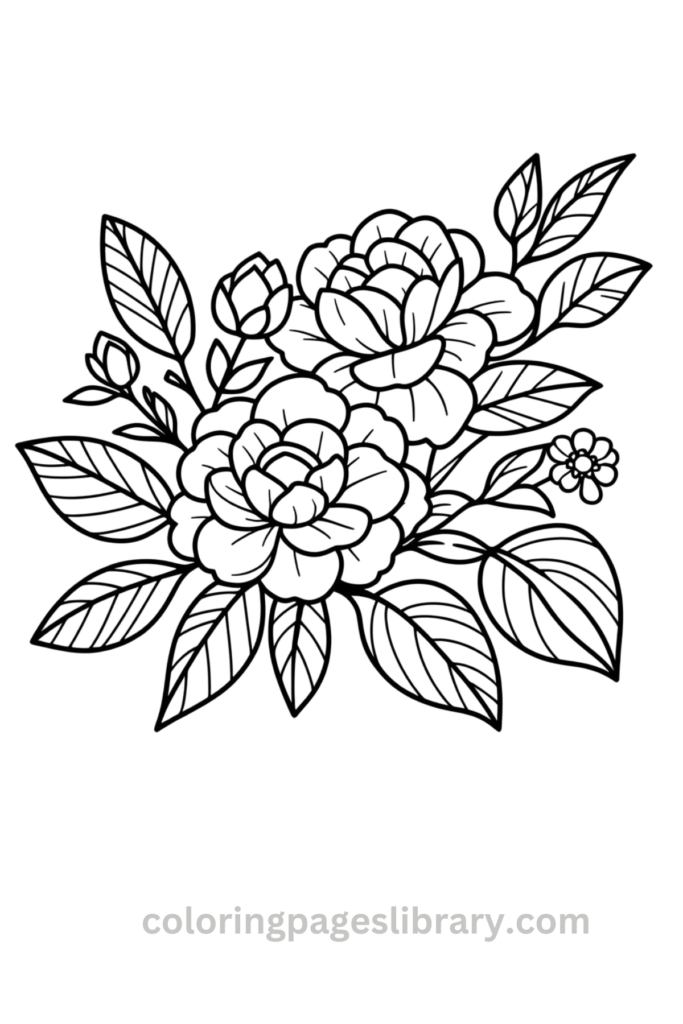 Printable Camellia bouquet coloring page