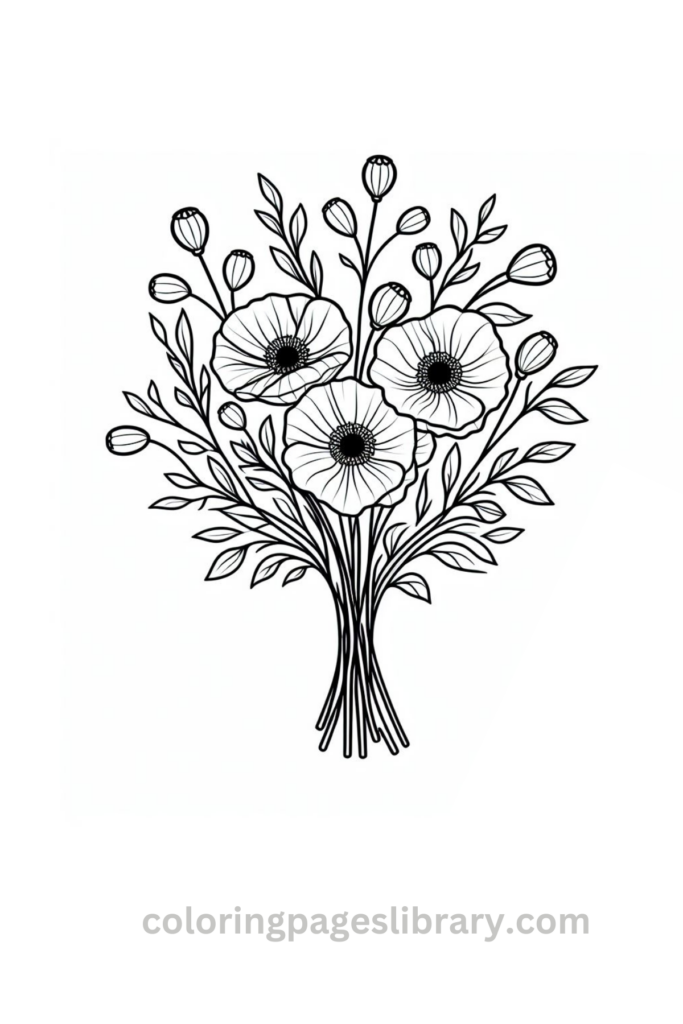 Printable Poppy bouquet coloring page